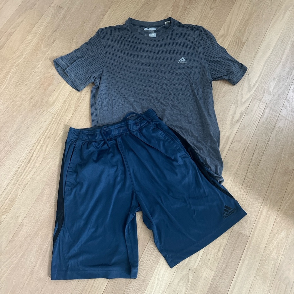 Adidas Charcoal Tee  size Large and Dark Blue Shorts size Medium